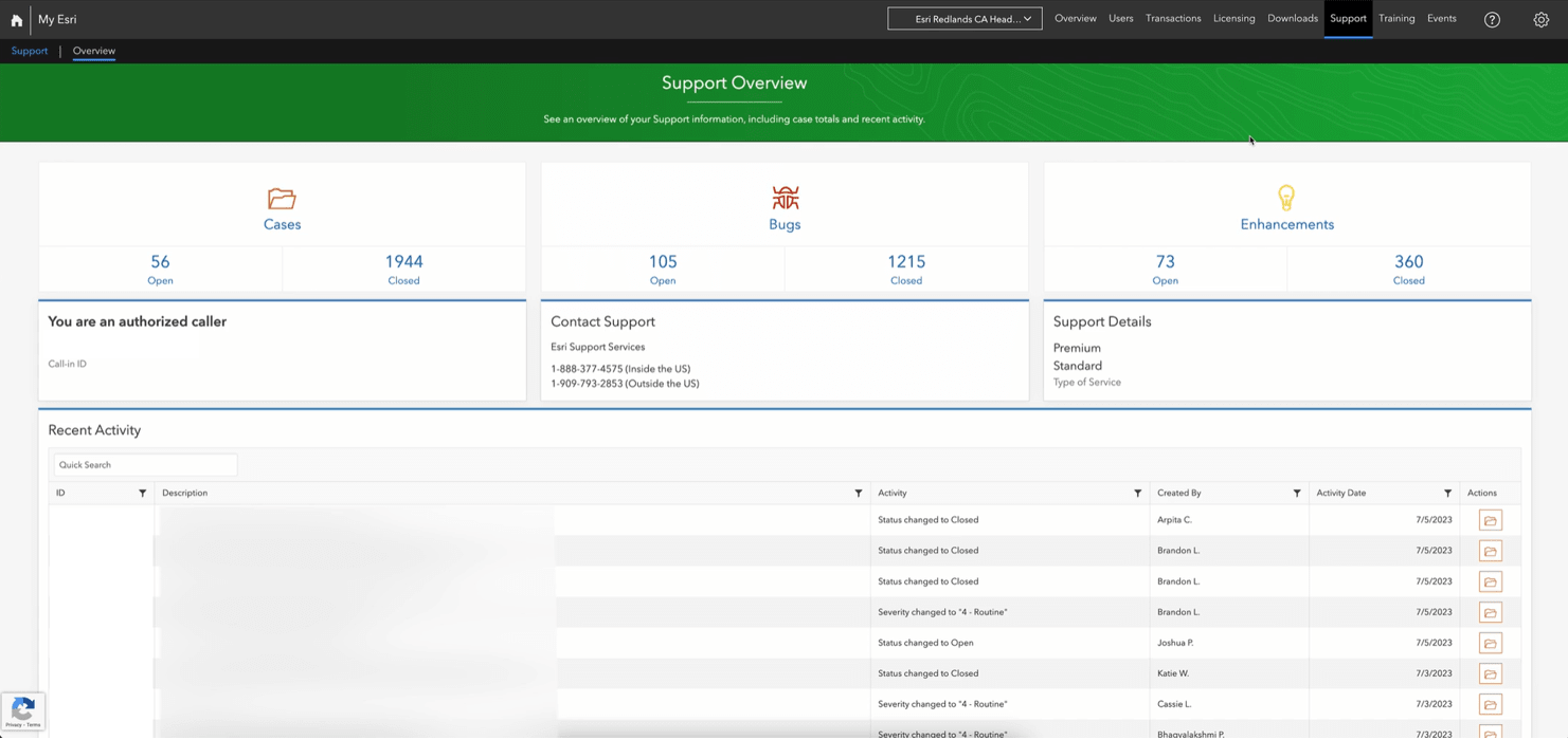Image showing the Support Overview page in My Esri, including subheadings for Cases, Bugs and Enhancements.