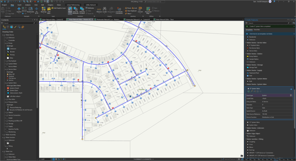 ArcGIS map showing water utility network data over a neighborhood with editing templates.