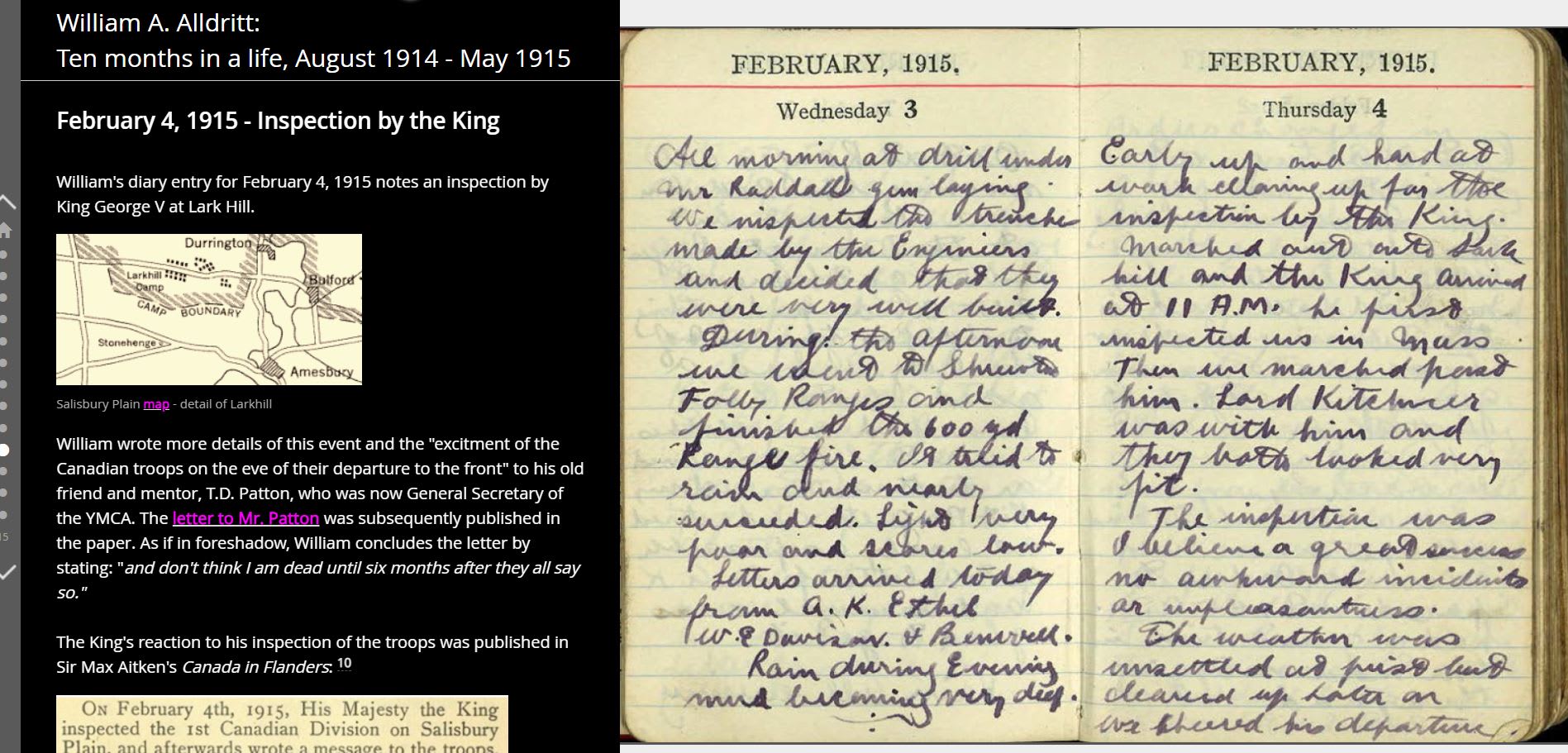 Une capture d’écran de l’entrée du journal de William pour le 4 février 1915 indique une inspection du roi George V à Lark Hill.