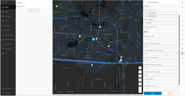 An ArcGIS web map with a smart form on the right showing details of the status of a shelter, including the number of beds and occupants