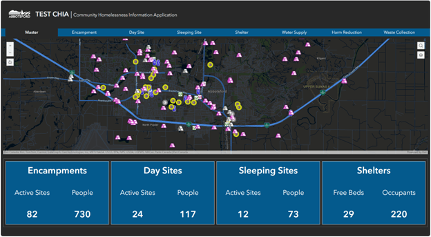 An ArcGIS dashboard titled Abbotsford’s Community Homelessness Information Application. The dashboard shows a web map and data on active sites and number of people in encampments, day sites and sleeping sites, as well as the number of free beds and occupants in shelters in one view.