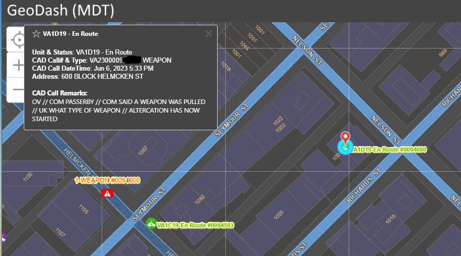 GeoDash (MDT) interface showing a map with a unit labeled VA119 en route to a location.