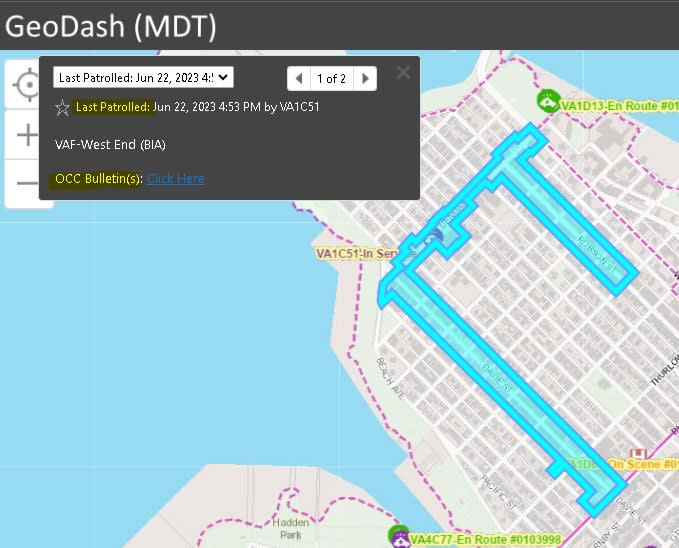 GeoDash (MDT) interface displaying a priority patrol zone in Vancouver’s West End area, highlighted in blue on the map. The pop-up box shows the last patrolled time and officer ID, with a link to OCC bulletins.