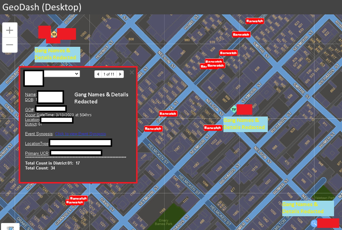 GeoDash (Desktop) interface displaying a map with redacted gang-related data.