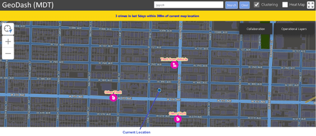 GeoDash Officer Awareness Mode showing a map with crime locations. Current location is marked with a blue dot, and nearby crime incidents within a 300m radius are highlighted with pink icons.