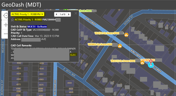 GeoDash (MDT) interface displaying a map with a high-priority incident involving a robbery.