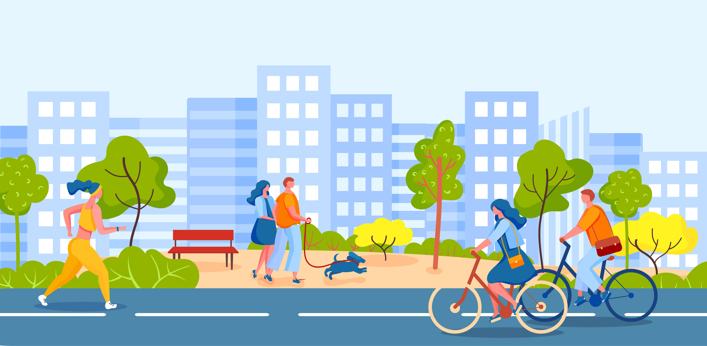 A graphic of a streetscape with cyclists, runners, and pedestrians. City buildings in the background. 