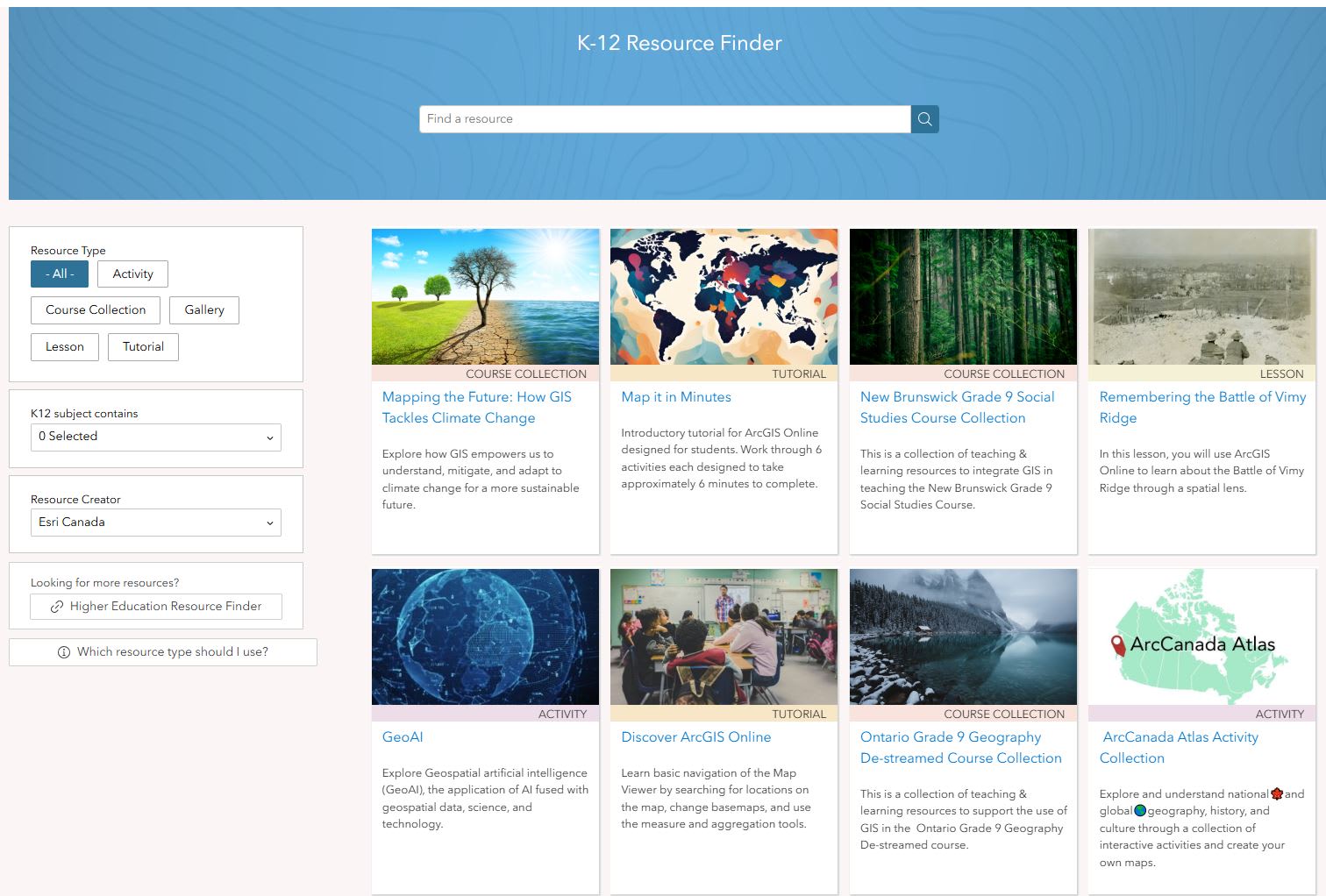 This screenshot shows the new beta version of the K-12 Resource Finder that includes a list of thumbnails in the centre of the page and a filter grid on the left side of the page.