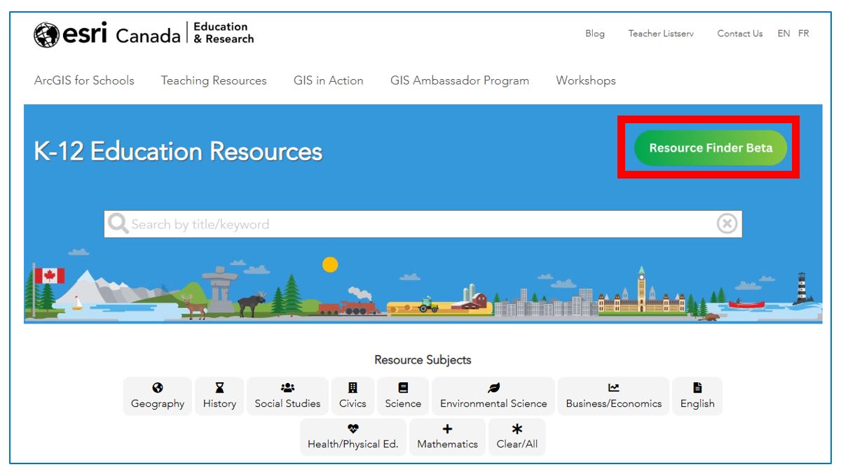 This screenshot shows the current K-12 Resource Finder and the Green button to click on to access the Resource Finder Beta.