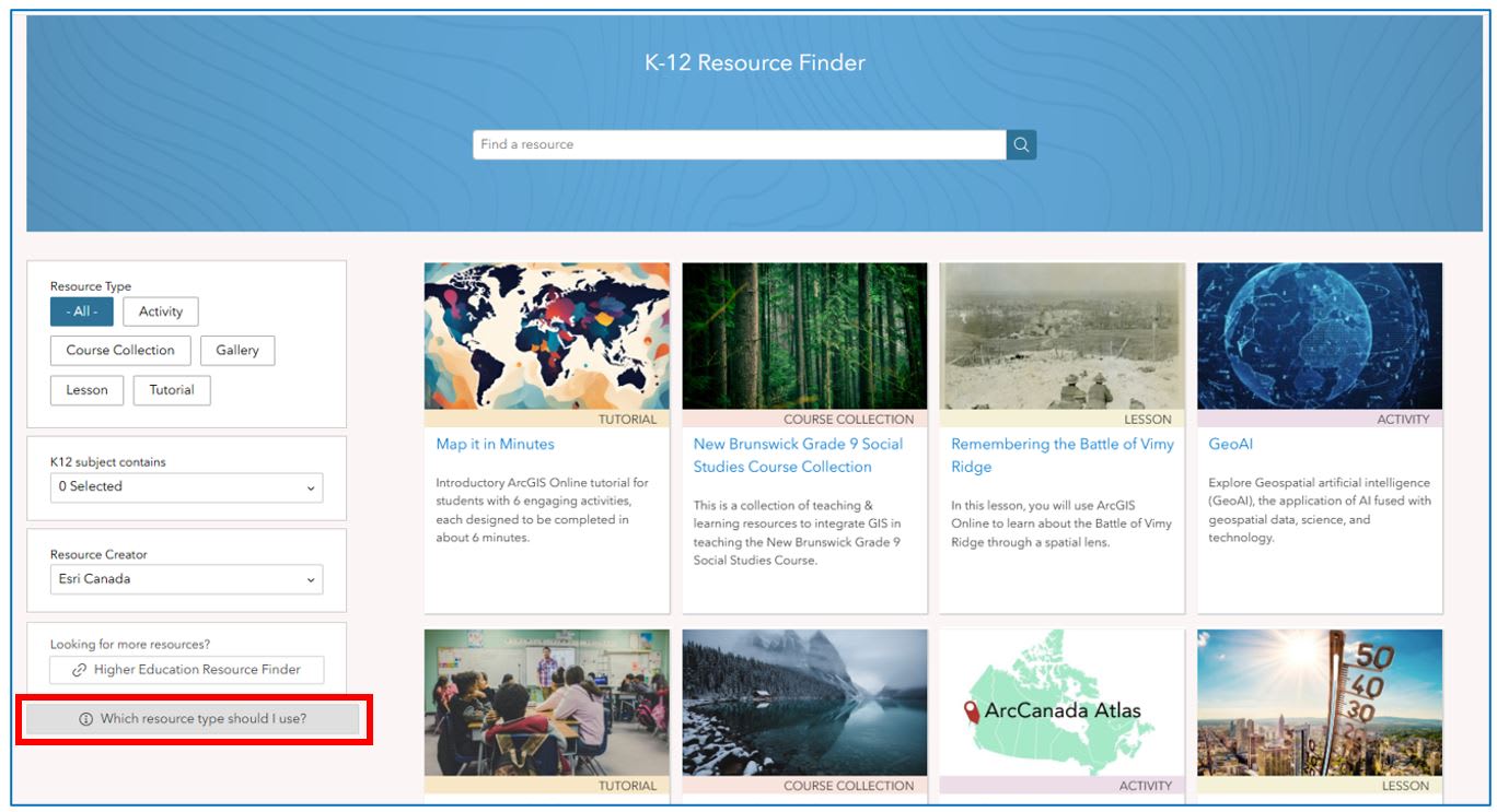 This screenshot shows the new beta version of the K-12 Resource Finder that includes a list of thumbnails in the centre of the page and a filter grid on the left side of the page.