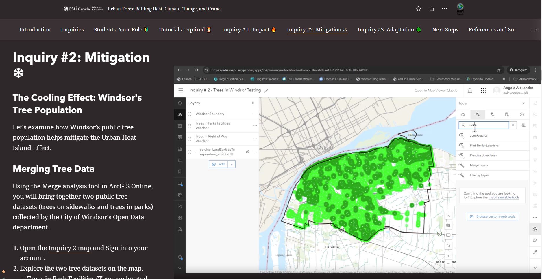 This screenshot shows Inquiry #2 of the lesson with text on the left hand side of the story map and a video showing the location of trees in ArcGIS Online to the right of the screen.