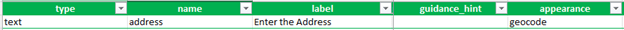 A screenshot of a spreadsheet with headers 'type,' 'name,' 'label,' 'guidance_hint,' and 'appearance.' The first row includes 'text' as type, 'address' as name, and 'Enter the Address' as label. 