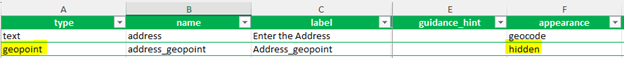 A screenshot of a spreadsheet with headers 'type,' 'name,' 'label,' 'guidance_hint,' and 'appearance.' The second row shows 'geopoint' as type, 'address_geopoint' as name, and 'Address_geopoint' as label. Cells in the 'appearance' column display 'hidden.' 