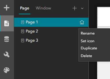 Interface d’ArcGIS Experience Builder montrant le volet « Page » avec trois pages affichées : « Page 1 », « Page 2 » et « Page 3 ». La « Page 1 » est surlignée en bleu et comporte une icône de maison. Un menu contextuel est ouvert à côté de l’icône d’accueil, affichant les options : Rename (renommer), Set icon (régler icône), Duplicate (dupliquer) et Delete (supprimer).