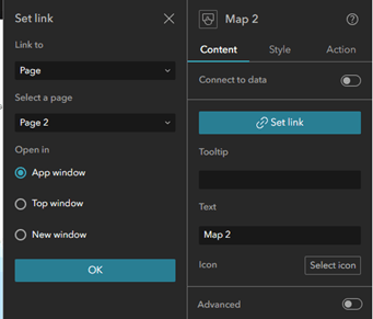 Interface d’ArcGIS Experience Builder montrant le volet de paramètres « Carte 2 » à droite et le volet « Set link » (régler le lien) à gauche, qui s’ouvre après avoir sélectionné « Set link » (régler le lien) dans le volet « Carte 2 ». Dans le volet « Carte 2 », sous l’onglet « Content » (contenu), les options comprennent la connexion aux données, la définition d’un lien, l’ajout d’une infobulle, d’un texte personnalisé (par défaut « Carte 2 »), la sélection d’une icône, etc. Dans le volet « Set link » (régler le lien), l’utilisateur peut créer un lien vers « Page », sélectionner « Page 2 » avec des options d’ouverture dans « App window » (fenêtre d’application), « Top window » (fenêtre supérieure) ou « New window » (nouvelle fenêtre).