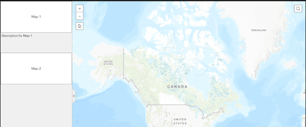 Interface cartographique dans Experience Builder affichant un fond de carte Esri comme première carte. Le volet de gauche comprend des boutons intitulés « Carte 1 » et « Carte 2 », ainsi qu’une section de description de la « Carte 1 » située juste en dessous du bouton « Carte 1 ».