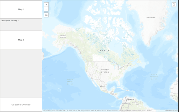 Comme dans l’image précédente, l’interface cartographique d’Experience Builder affiche un fond de carte Esri comme première carte. Le volet de gauche comprend des boutons intitulés « Carte 1 » et « Carte 2 », ainsi qu’une section de description de la « Carte 1 » située juste en dessous du bouton « Carte 1 ». En outre, un bouton « Go Back to Overview » (revenir à la page d’accueil) se trouve en bas du volet de gauche.