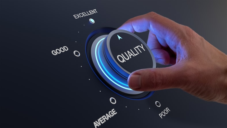 Un cadran futuriste intitulé « Qualité », avec des indicateurs allant de « Médiocre » à « Excellent », représentant la mesure de la performance ou du contrôle de la qualité.