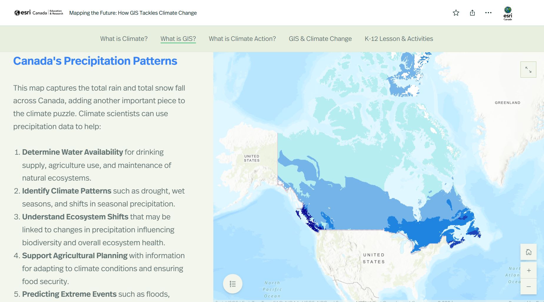 This screenshot shows a map of Canada’s precipitation patterns and text that outlines how climate scientists use the data on the map to help them understand and predict patterns.