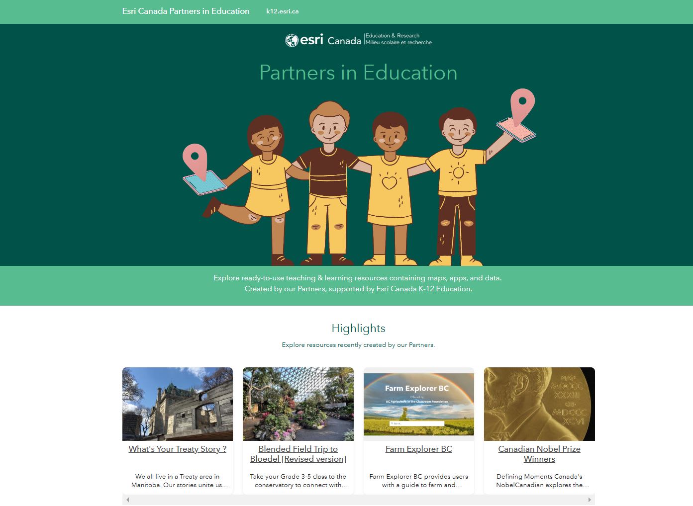 The image shows the Education Partner web site that illustrates an animated group of students in yellow and brown shades with a green background.