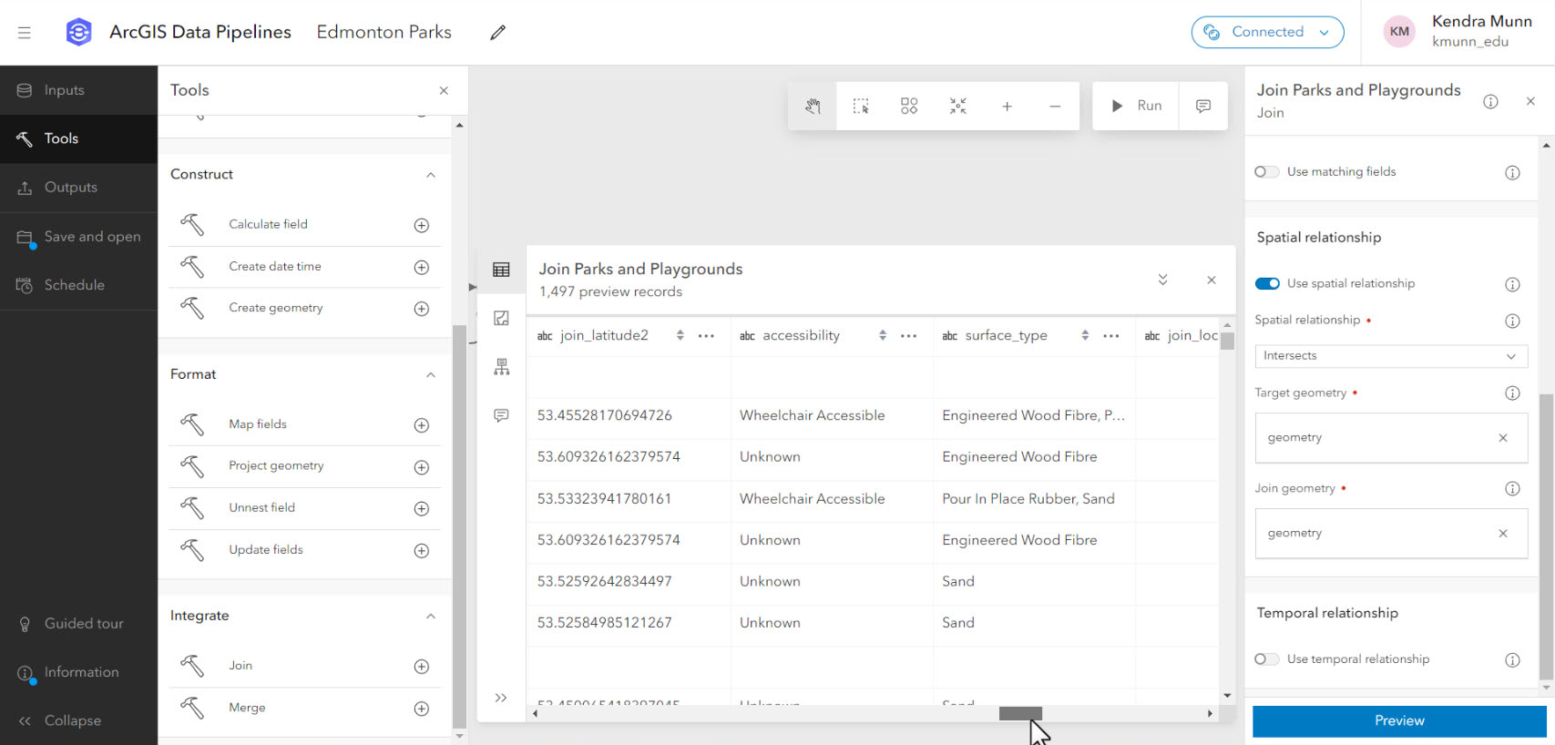 A snapshot of the Data Pipelines interface, with the Tools panel open on the left, the configured Join tool joining park polygons and playground points on the right, and a preview of the attribute table in the center.