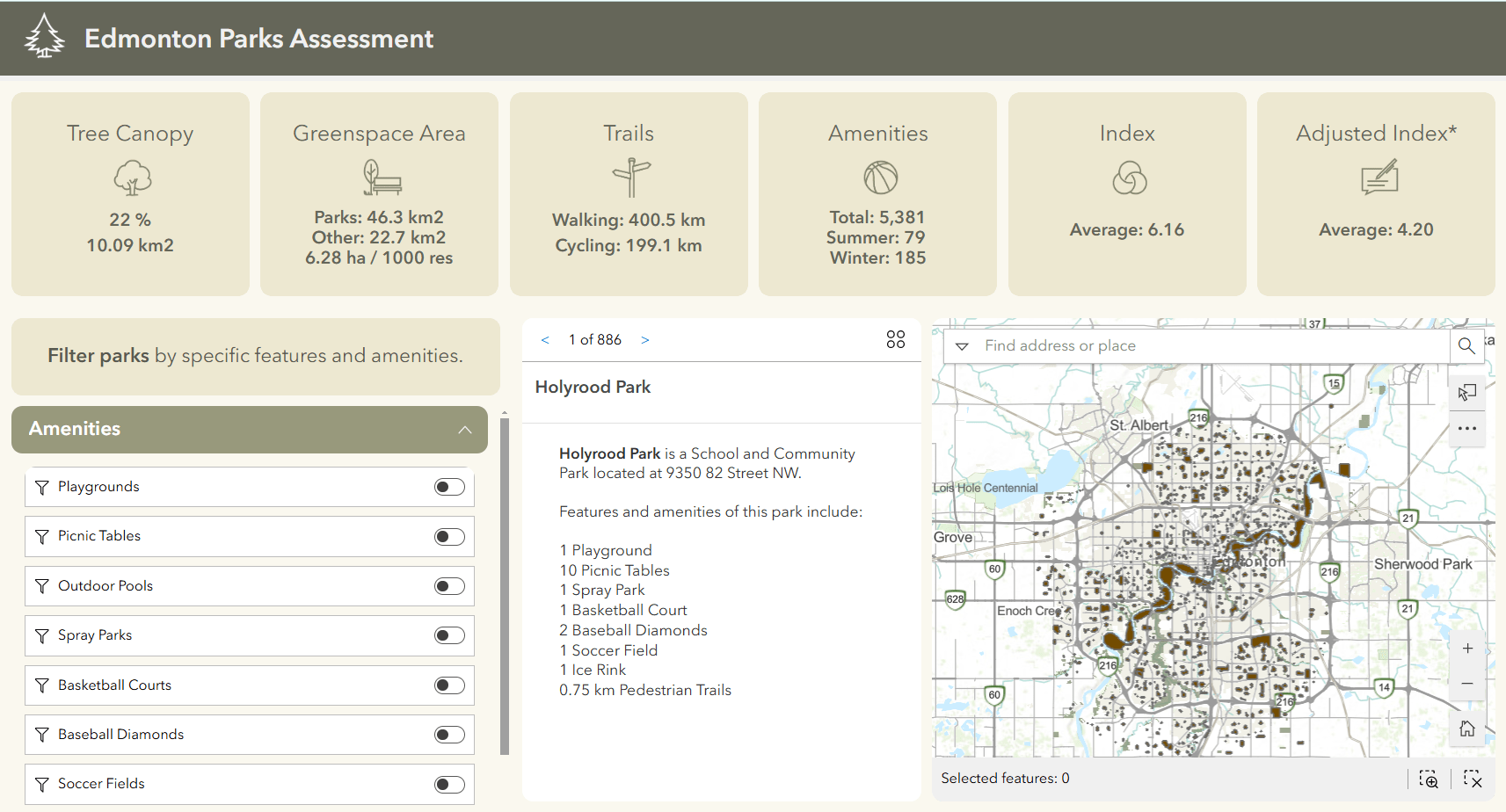 A screenshot of the Edmonton Parks Assessment web app, which includes an interactive map, amenity filters, and summary metrics.