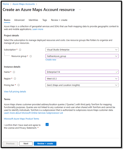 Screenshot of Azure Maps Account Resource