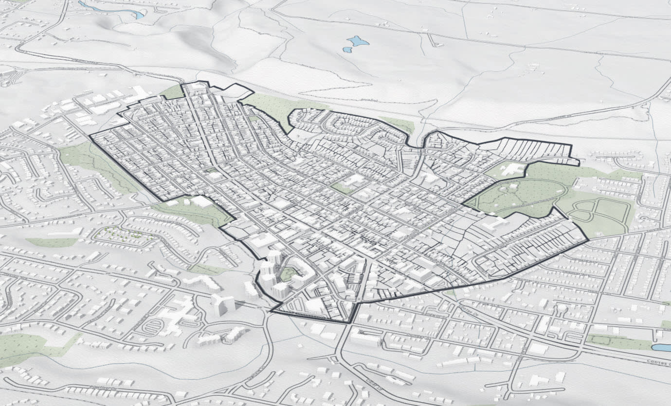 Capture d’écran de la zone d’étude dans Urban avec les bâtiments et les arbres existants.