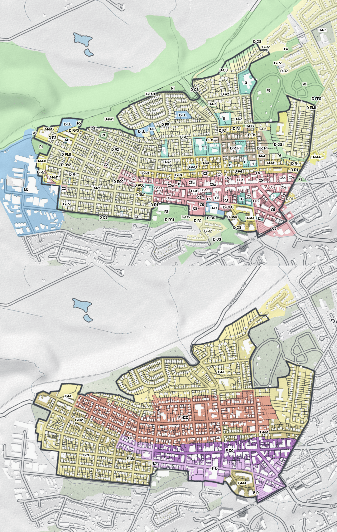 Capture d’écran de la zone d’étude avec les anciennes zones et les nouvelles zones côte à côte.