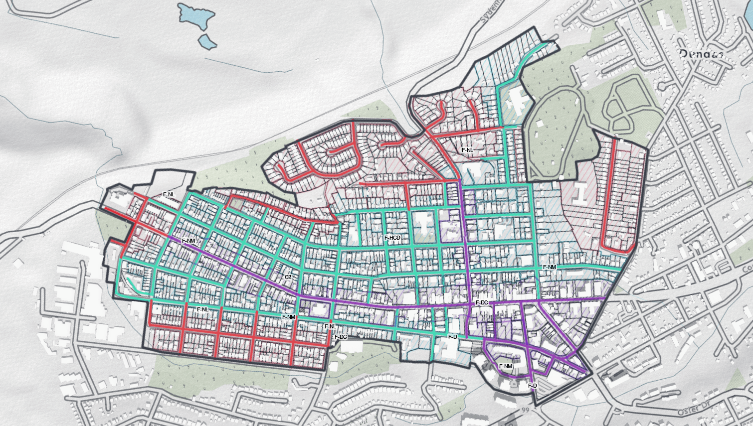 Capture d’écran de la zone d’étude avec les superpositions de rues appliquées.