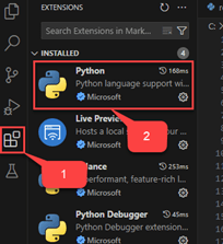 A screenshot of Visual Studio Code’s extensions. With a red bound box over the extension icon in an tool bar to the left with a number 1 point to it. Then another red box around the python extension at the top of the list to the right of the tool bar with a number 2 pointed towards it. 