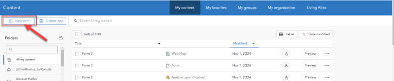 A screenshot of the content page of ArcGIS Online with a red bound box and an arrow around the new item button in the top left.