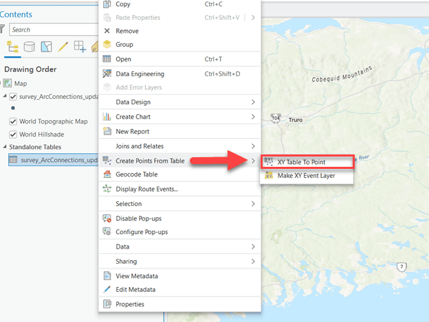 Screenshot of ArcGIS Pro after a table was right clicked showing 2 lists of options with an arrow from the option “Create points from Table” and a red bounding box over the option “XY Table To Point.”