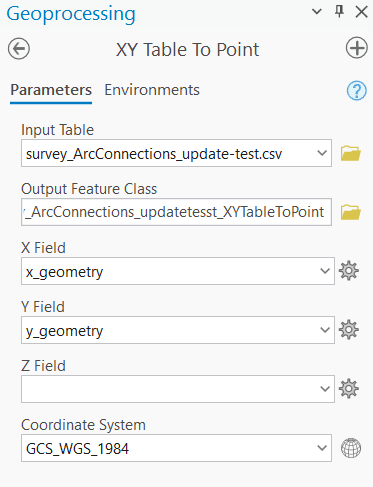 A screenshot of arcgis pro tool “XYtable to point” with several entres noted as follows: an input table point to a csv file, an output feature class point to a folder location, an X_field pointing to the field X_geometry, the y field pointing to the y_geometry field, z field pointing to nothing and a coordinate system selected as GCS_WGS_1984.