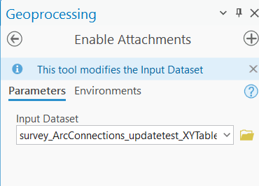 A screenshot of arcgis pro tool “enable attachements” with one entry stated as an iput dataset pointing to the xytable to point feature class.