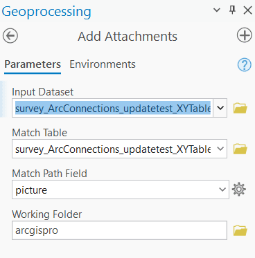 A screenshot of arcgis pro tool “add attachments” with several entries noted as follows: an input dataset pointing to the xytable to point feature class, a match table pointing to a the same xytable to point feature class. A match path field pointing to the picture field and a working folder entry point to a folder named “arcgispro”.
