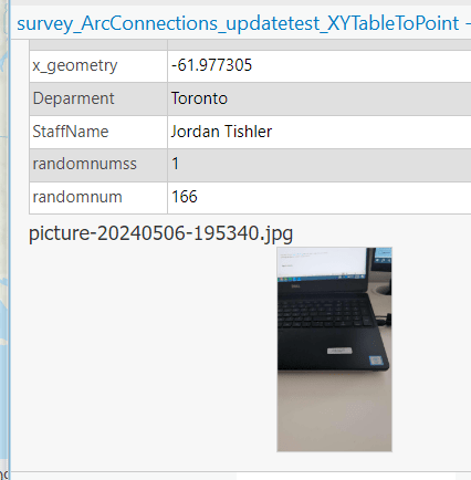 A screenshot of an entry in ArcGIS Pro with several fields including a picture at the bottom showing the attachment that was added to the point.