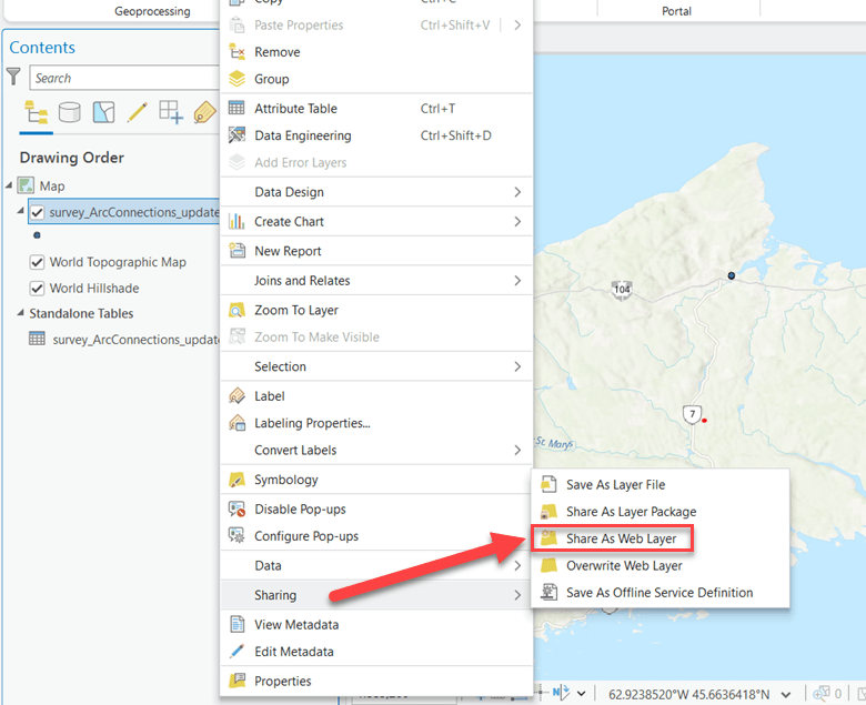 Screen shot of ArcGIS Pro after a point feature was right-clicked showing 2 lists of options with an arrow from the option “Sharing” and a red bounding box over the option “Share As Web Layer”.