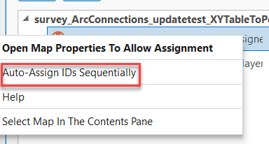 Screen shot of ArcGIS Pro error after the error was right-clicked showing a list of options with an red bounding box over the option “Auto-assign ID’s Sequentially”