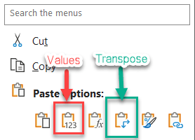 A screenshot of an excel sheet options with two options that are pointed out. One pointing to a clipboard with numbers 123 with a red bounding box around it with an arrow that states “values” pointing towards the box. The other option is a clip board with a down arrow and right arrow in the corner of the clipboard with a green bounding box around it with an arrow that states Transpose pointing towards the box. 