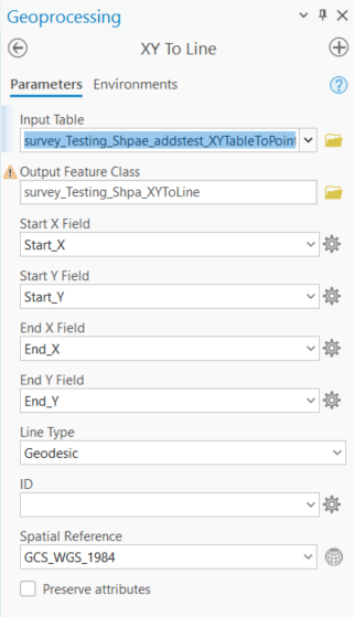 A screenshot of arcgis pro tool “XY to line” with several entries noted as follows: an input table point to the XY table to point file, an output feature class pointing to a folder location, a Start X_field pointing to the field Start_X, a Start Y_field pointing to the field Start_Y, a End X_field pointing to the field End_X, a End Y_field pointing to the field End_Y, a line type with Geodesic selected a ID with nothing selected and a coordinate system selected as GCS_WGS_1984.