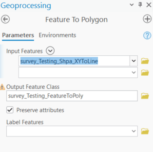 A screenshot of arcgis pro tool “Feature to polygon” with a few entries noted as follows: an input feature pointing to the xy to line feature, an output feature class pointing to a folder location, the option “preserve attributes is checked off and the entry label features has nothing for it.