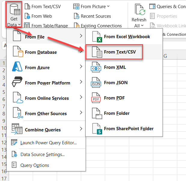 A screenshot of an excel sheet with the option “get data” selected showing two list of options with the options “From File” and From Text/CSV” pointed out with red arrows.