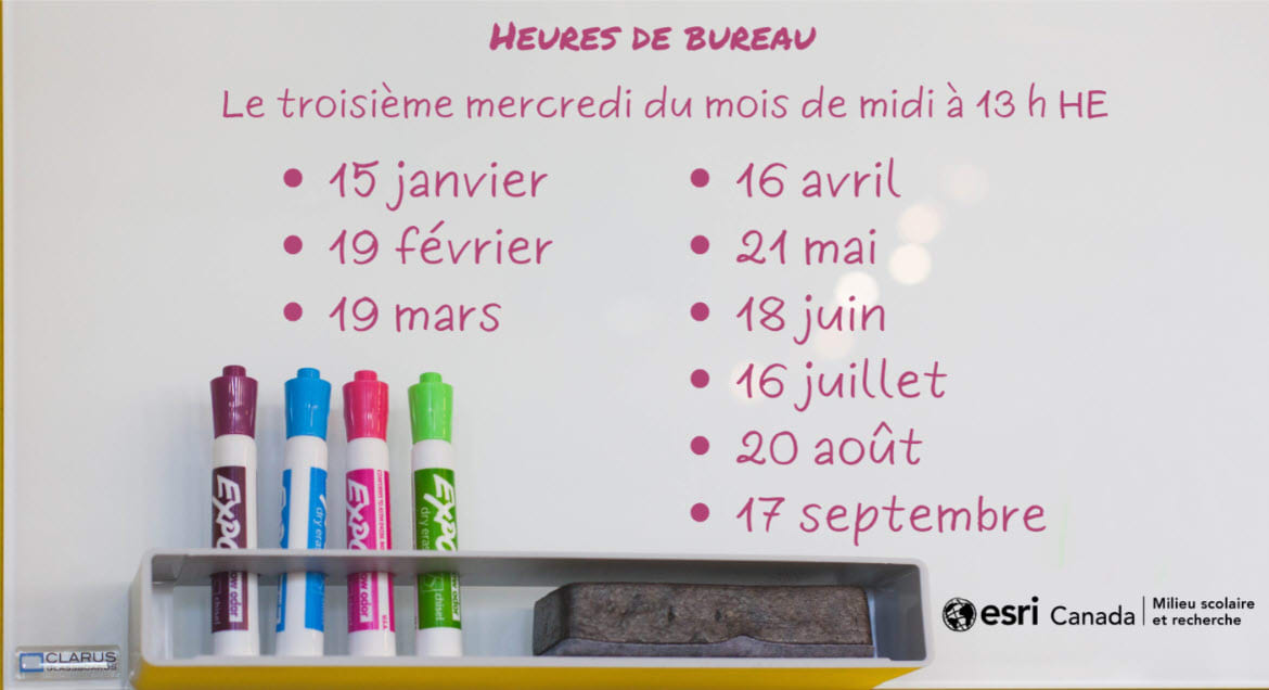 Un tableau blanc avec des marqueurs sur lequel sont indiqués les jours et les heures où vous pouvez profiter d’une aide ponctuelle.