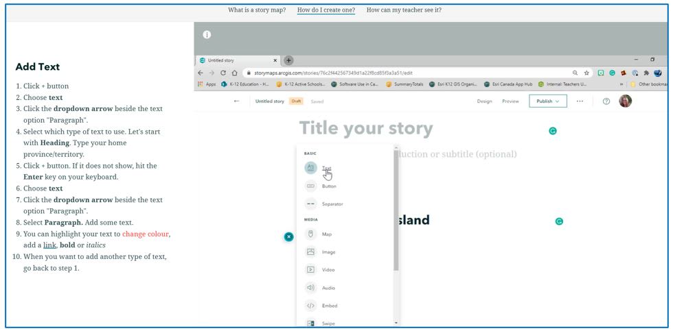 This screenshot shows you how to add text to your ArcGIS StoryMap. 