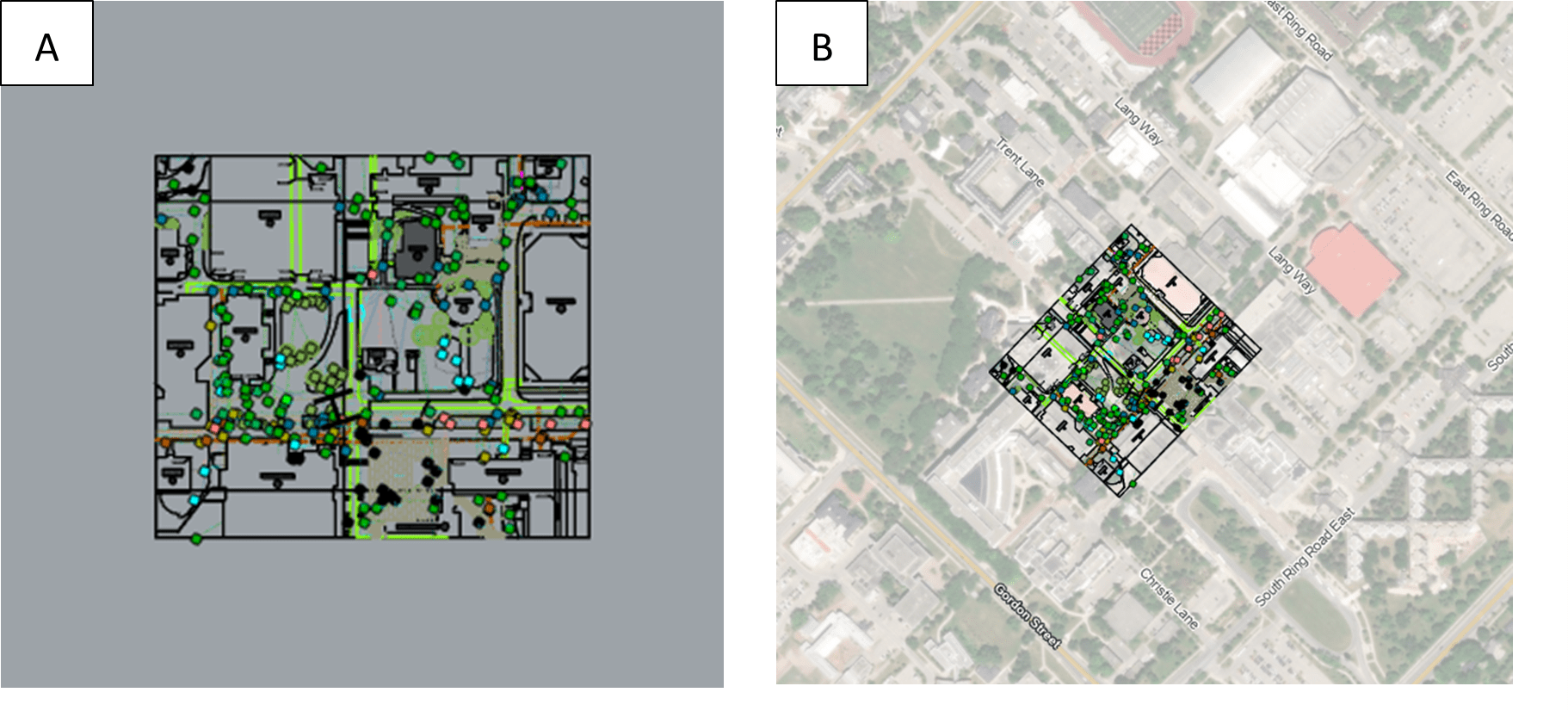 This image represents a CAD model imported to the ArcGIS Pro software before applying the georeferencing process and after applying georeferencing process