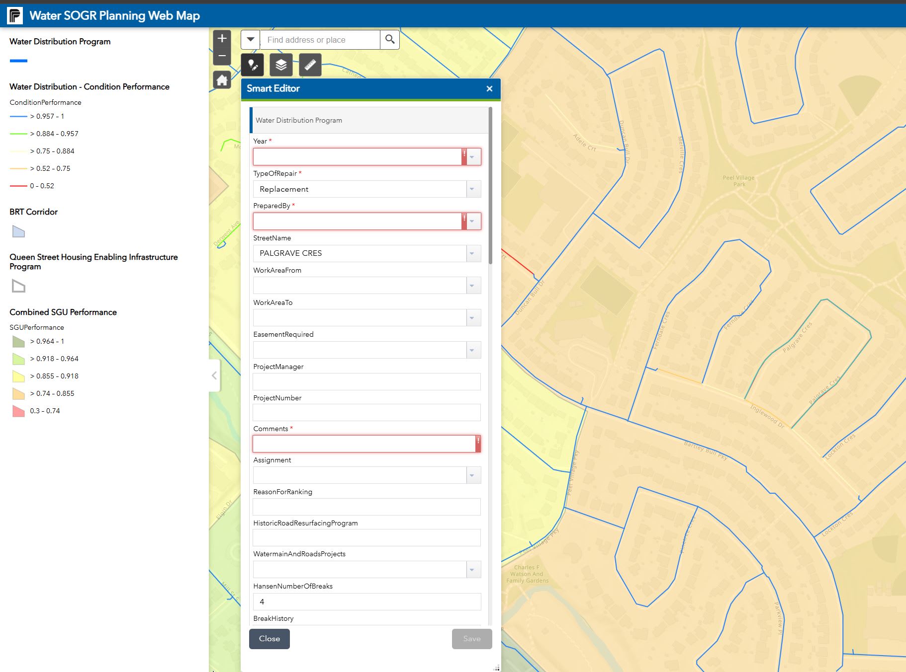 Screenshot of DSS data entry form to identify infrastructure for intervention, tracking the date, water distribution condition, performance and location details.