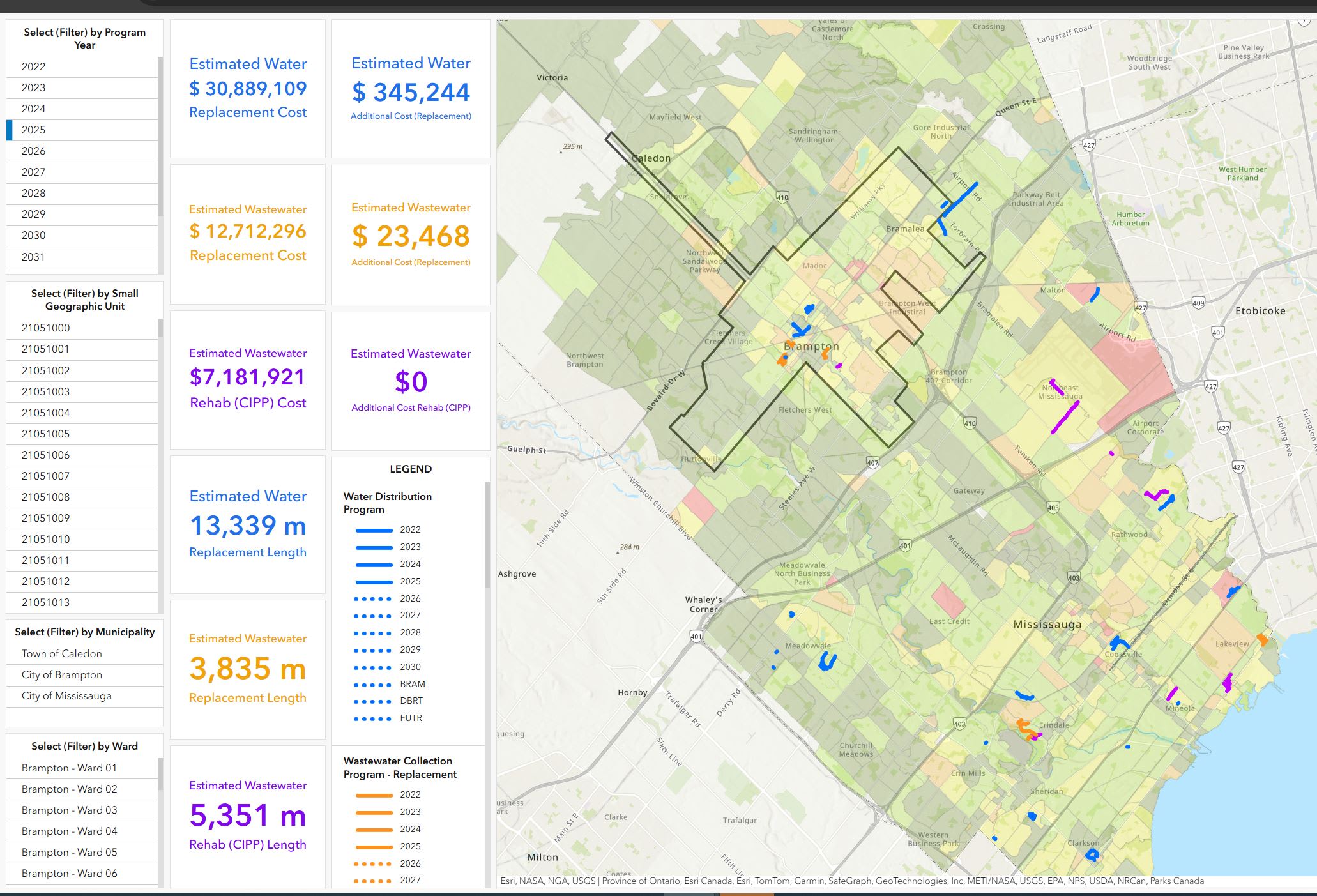 This ArcGIS Dashboard shows Peel Region’s estimated water and wastewater replacement length and costs to prioritize the areas requiring urgent repair and replacement. Filter information by program year, small geographic unit, municipality or ward.