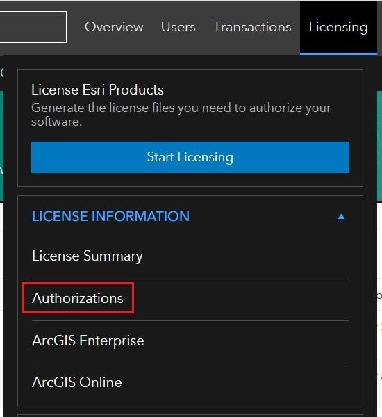 A screenshot of the Licensing drop-down in My Esri. It includes a red bound box to highlight the Authorizations button under the License Information section.