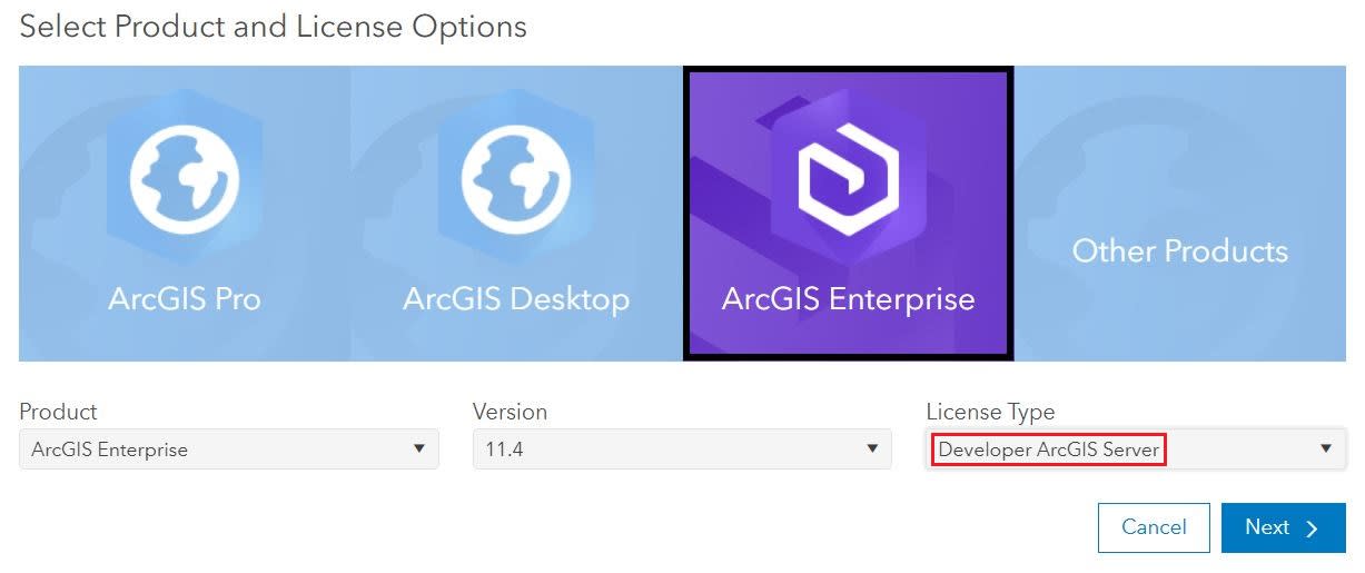 A screenshot of the License Esri Products page in My Esri. It includes a red bound box to highlight Developer ArcGIS Server under the License Type drop-down.